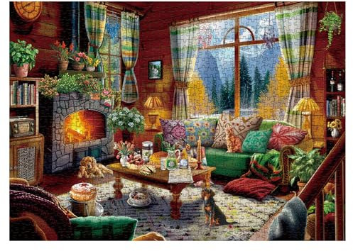 Cozy Cabin Winter Scene Puzzle 1000 Piece for Adults, Book Cozytime Jigsaw Puzzle Coffee Table, Dog Cat Puzzle