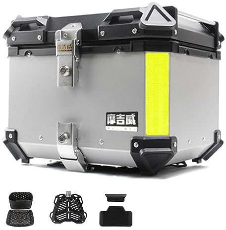 CcacHe Topcase Motorradkoffer Wasserdicht Top Case 36L 45L 55L 65L Universal Roller Koffer Aluminium Motorrad Heckbox Helmkoffer Aufbewahrungsbox Rollerkoffer Mit Sicherheitsschloss(Silber,36L)