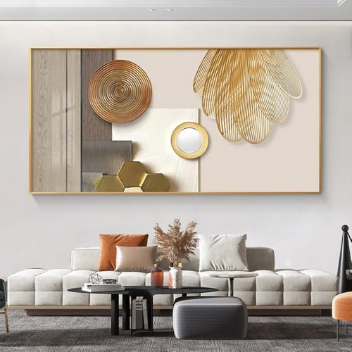 FSLEOVN - Tableau abstrait géométrique - 70 x 140 cm - Beige doré - Peinture murale XXL - Décoration murale - Grand poster - Sans cadre - Salle de séjour
