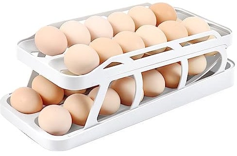 Longzhuo 28-Egg Fridge Organizer - BPA-Free Plastic Storage Box with Stackable Design & Dispenser Tray, Double Row Rolling Refrigerator Egg Holder with Date Plate (White)