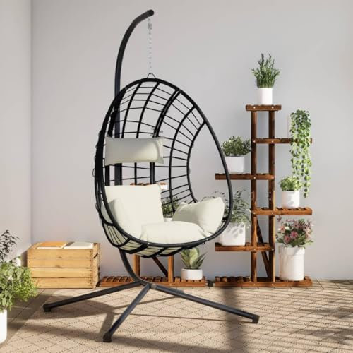 Willood Hängesessel mit Gestell Ei-Design Schaukel Indoor oder Outdoor Sessel mit Kissen + Rückenkissen Beige Rattan und Stahl