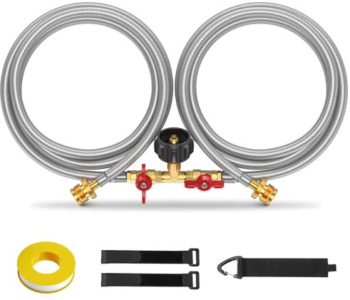 5 Feet Propane Tank Splitter Hose Extension with QCC1 / Type1 Fitting Adapter, 350PSI Propane Splitter 2 Way with Shut Off Valve, 5-40lb Tank for MR Buddy Heater, Camping Stove, Grill, 1lb Appliance