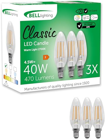 BELL Lighting E14 Dimmable LED Filament Candle Bulbs 4.5W 470lm 3 Pack | Dimmable E14 small screw LED filament candle bulbs with 2700K warm white light, 470lm output and 40W equivalent brightness.