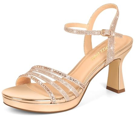 PIZZ ANNU Womens Sandals Glitter Sparkly Rhinestones High Heels for Women Platform Ankle Strap Ladies Summer Shoes Wedding Evening Party Champagne Size 7