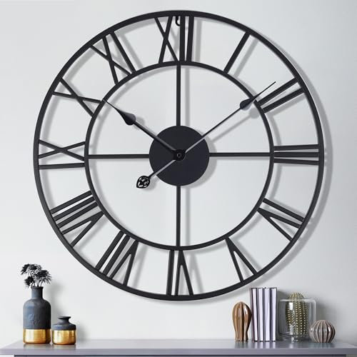 Lafocuse 22 Inch Silent Large Black Wall Clock for Living Room Decor, Roman Numerals Metal Clocks with 2 Pairs of Hands, Modern Big Clock for Bedroom Kitchen Office Room Home