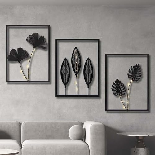 MYBSXKEOZ Wandkunst Aus Metall, Metall Abstrakte Pflanze Floral Line Art Wanddekoration,Metall Mit LED Licht, Blume Minimalistische Wandkunst,Metall Wandkunst Für KüChe Badezimmer Wohnzimmer