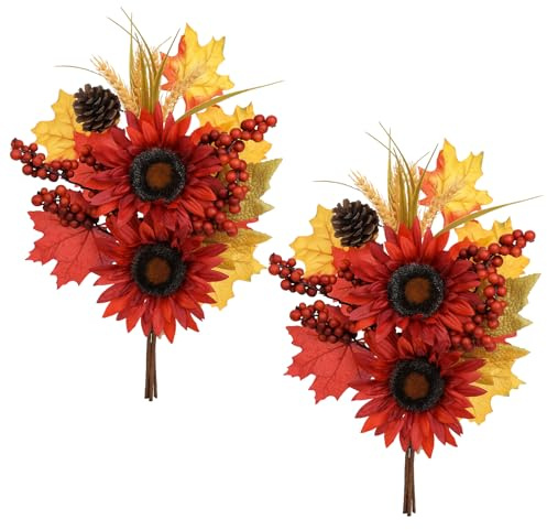 Arborus 2 STK Künstliche Sonnenblume 40 cm Kunststoff Blumen Rot Ahorn Kunstzweige Tisch Deko Blumenstrauß Künstlich Deko für Vase Modern Rustikal Vintage Boho Wohnung Zuhause Büro