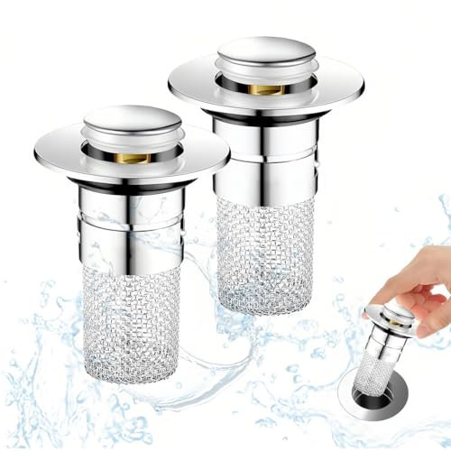 2 Piezas Tapón de Lavabo Universal, 34-40mm Tapón de Lavabo Universal Pop Up,con Cesta Antiobstrucción y Tapon Fregadero,Tapón Colador con Colador de Pelo,para bañera, Cocina, Lavabo
