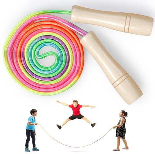 Romon Comba De Saltar Para Niños,Cuerda De Saltar Para Niños Con Mango De Madera, 5m Cuerda De Saltar Ajustable Para Niños Y Niñas De 4-12 Años, Deportes Infantiles, Ideal Para Más De Una Persona