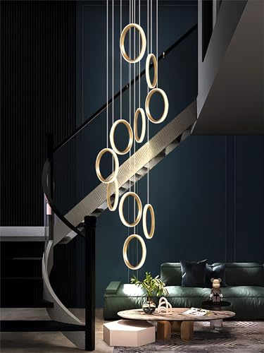 Stesulfr Moderner LED Kronleuchter großer Kronleuchter das Foyer 15 Ringe Aluminiumring dimmbare Pendelleuchte für hohe Decken mit Fernbedienung, höhenverstellbare Deckenleuchte für Treppenhaus und Wo