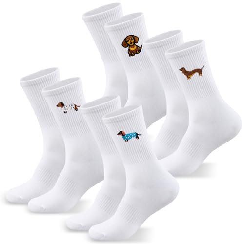 Jadive 4 Paar Dackel Geschenke Dackel Socken Damen Herren Tennissocken mit Motiv Crew Socken mit Hundemotiven Geschenke für Weihnachten Geburtstagen Freunde Dackelliebhaber(Dackel,36-42)