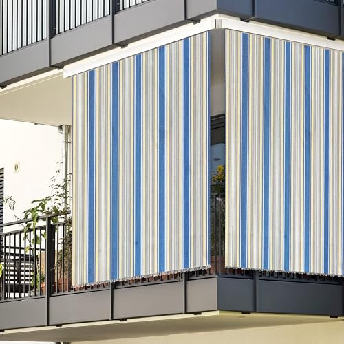 Rideau de soleil à rayures de qualité supérieure pour balcon, terrasse ou véranda – Housse de pare-soleil d'ombrage d'extérieur avec anneaux et crochets – Tissu de haute qualité, résistant aux rayons