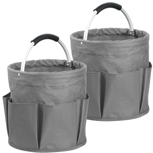 IHOMAGIC 2Pcs 17L Putzmittel Organizer mit 6 Taschen, Faltbarer Einkaufskorb aus 600D Oxford-Gewebe, Tragbarer Gartentasche mit Griff, Robuster Aufbewahrungskorb für Reisen, Duschen, Dunkelgrau