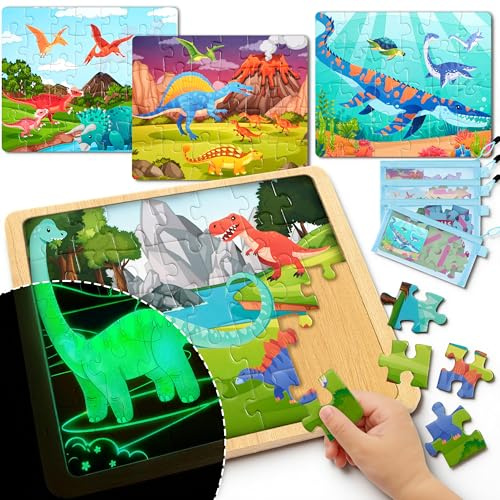 SYNCFUN 4-in-1 Dinosaur Wooden Jigsaw Puzzles for Kids Ages 3-5, 24 & 35 PCS Jigsaw Puzzles for Toddlers with Storage Bags, Glow in The Dark Educational Toys, Christmas Birthday Gifts for Boys Girls