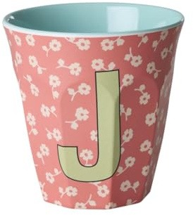 ReWu RICE Gobelet en mélamine Motif floral Taille M – Lettre J – 250 ml – Tasse pour enfant – Tasse de camping – Incassable – Sans BPA