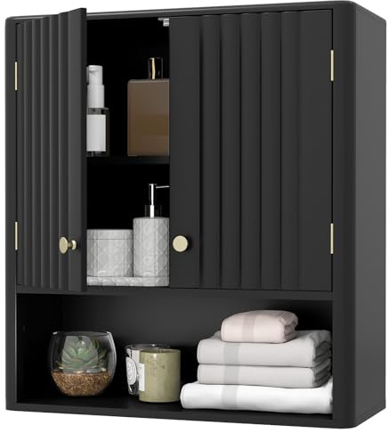 Multigot Bathroom Wall Cabinet (Black) | Wooden Wall Mounted Storage Cupboard with 2 Fluted Doors and Adjustable Shelf, Toilet Storage Furniture