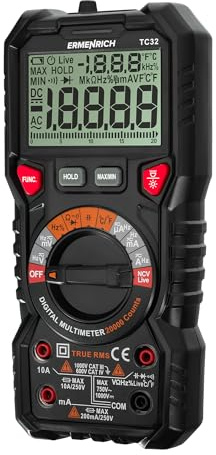 Ermenrich Zing TC32 Digitales Multimeter, AC/DC Strom, Kapazität, Frequenz, Tastverhältnis, Thermoelement, Widerstand, TRMS, Batterietest, 20000 Zählungen, NCV, LCD-Display, Grafische Skala