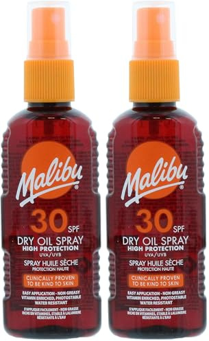 Malibu Sun SPF 30 Non-Greasy Dry Oil Spray for Tanning, High Protection, Water Resistant, 100 ml (Pack of 2)
