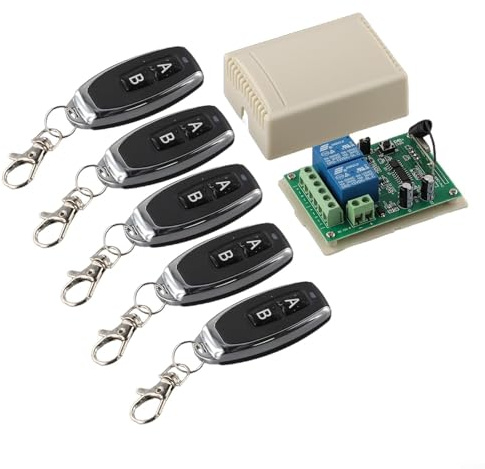 HEBEOT 2 canali 433 MHz relè telecomando wireless set con 5 trasmettitori e ricevitore per garage cancello accesso ingresso e attrezzature industriali