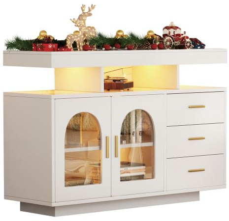 dowowdo Weiß Hochglanz Sideboard mit APP-RGB Beleuchtung | Moderner LED Buffetschrank 120x40x80 cm | 3 Schubladen & Acrylglas-Tür, Großer Stauraum | für Wohn-Essbereich, Flur oder Küche