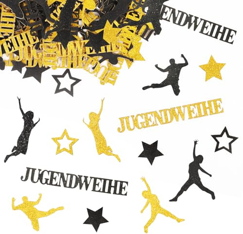 COMOOKA Jugendweihe Deko Schwarz Gold - 100 Stück Streudeko Jugendweihe Konfetti mit Menschen-Silhouetten & Sternen Motiven - Tischdeko für Jugendliche