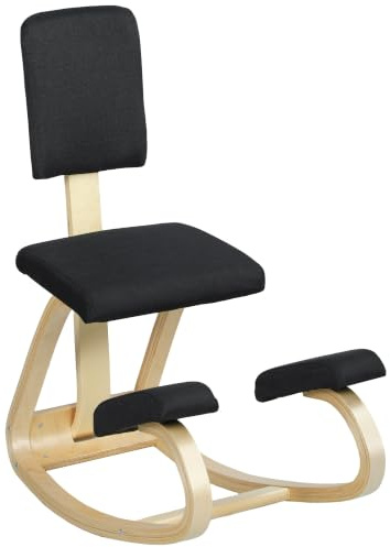 HOMCOM Ergonomischer Kniestuhl mit Rückenlehne, Basis aus Holz Schwarz | Kniehocker, Bürostuhl, für Zuhause Büro Meditation, zur Verbesserung der Nackenschmerzen Rückenschmerzen