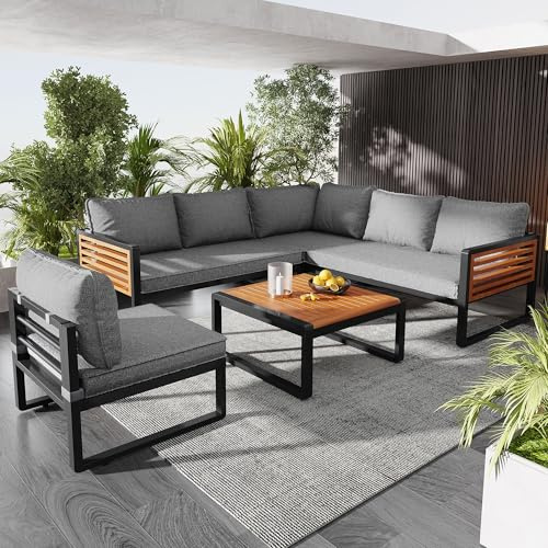 Mrwoo Gartenlounge-Set,Modernes Gartenmöbel Set mit Verzinktem Eisenrahmen,Dekorative Armlehnen aus Hochwertigem Holz, Verstellbare Füße,Ideal für Garten Balkon und Terrasse (Grau + Polyester)