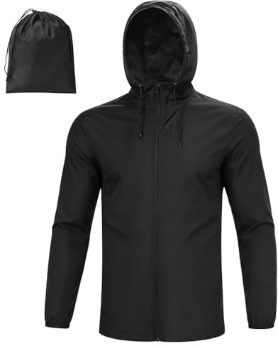 BBXWANG Mens Waterproof Jackets Black Waterproof Lightweight Jacket Men with Adjustable Hood - Perfect for Outdoors, Rain, Walking, Hiking & Camping, Foldable Packs in Pouch