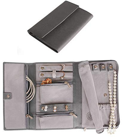 CASE ELEGANCE Reiseetui aus Saffiano-Leder - Schmuck Organizer [Petite] - Schmucktasche (Grau)