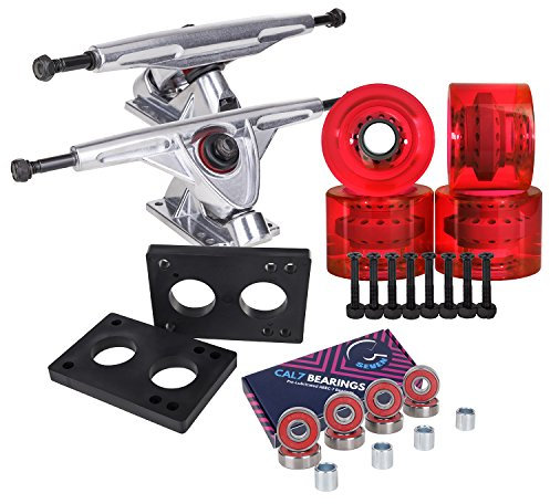 Cal 7 Longboard 180 mm Trucks, 70 mm Rollen, Plus Kugellager Combo Set, Silver Truck + Transparent Red Wheels