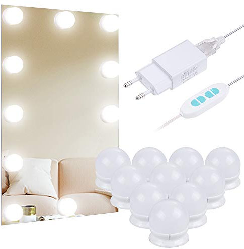 Anpro Luces LED Kit con 10 Bombillas regulables,3 Modos Ajustable de Color,Luz Espejo Maquillaje,Tocador, Baño,Regalo para Fiesta,Cumpleaños,Aficionados de Maquillarse