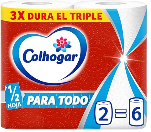 Colhogar Papel Cocina Triple Paratodo con Media hoja, paquete 2=6 rollos