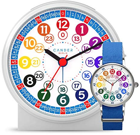 Cander Berlin MNU 1009 S Kinderwecker lautlos und MNA 1030 J Armbanduhr blau Lernuhr geräuschlos Kinderuhr Licht Snooze Tischuhr Wecker Kinder Beleuchtung geräuscharm Schlummer Mädchen Jungen