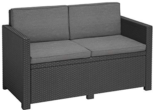 Allibert by Keter Victoria Gartensofa - 2-Sitzer Lounge Sofa in Rattanoptik, Inkl. Sitz- & Rückenkissen, Pflegeleicht, Wetterfest, Grau, 129 x 63 x 77 cm