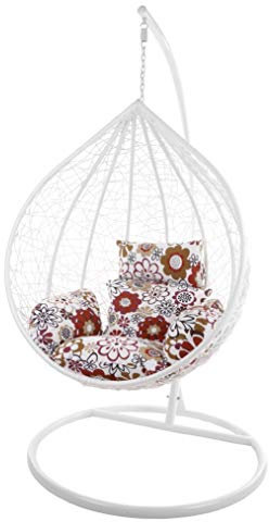 KIDEO Komplettset: großer Hängesessel mit Gestell & Kissen, Korbsessel, Poly-Rattan (Korb & Gestell: weiß, Kissen: Blumenmuster Nest (3762 Retro Flowers)