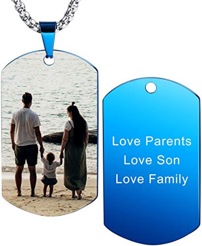 MeMeDIY Personnalisé Dog Tag Pendentif Collier Gravure Nom/Date/Texte/Couleur Image pour Hommes Femmes Acier Inoxydable Bijoux Bundle avec Chaîne Réglable, Porte-clés, Silencieux (Bleu)