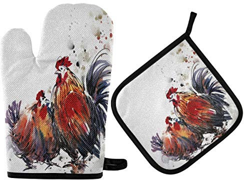 Mnsruu Ofenhandschuhe und Topflappen, Aquarell, Huhn, hitzebeständig, für Küche, Backen, Grillen, Grillen, 2 Stück