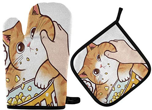 Mnsruu Ofenhandschuhe und Topflappen, süße Katze, hitzebeständig, für Küche, Backen, Grillen, Grillen, 2 Stück