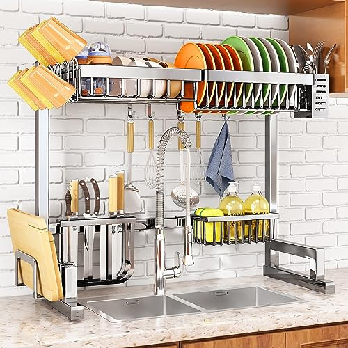 Over The Sink Dish Drying Rack, Full Stainless Steel 2-Tier Kitchen Counter Dish Drainer Rack Adjustable (33.8 to 41.5 inch), Expandable Dish Drying Rack with Kitchen Accessories, Silver