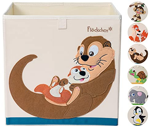 Flöckchen Kinder Aufbewahrungsbox, Spielzeugbox für Kinderzimmer I Spielzeug Box (33x33x33) passt ins Kallax Regal I Kinder Motiv Tiere (Familie Otter)