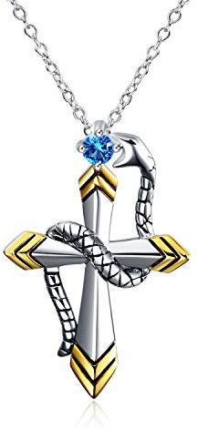 YAFEINI Kreuz Halskette für Frauen Schlangenanhänger mit Blauem Kristall 925 Sterling Silber Vergoldet Schmuck