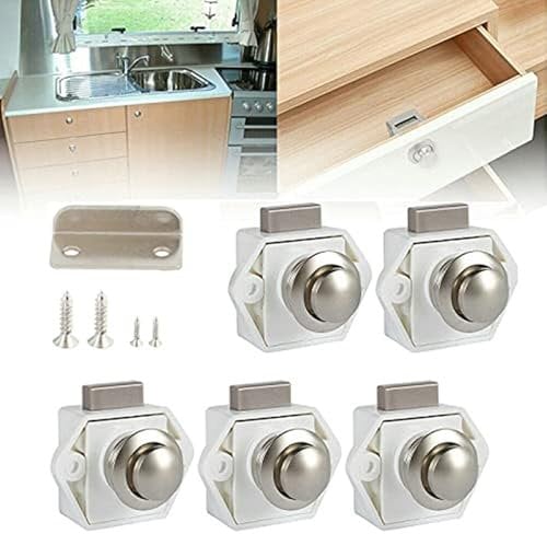 5PCS Push Button Latch Catch Push Door Lock,Keyless Door Lock Pop Up Cupboard Door Knob Latch Chrome for Boat RV Motorhome Caravan Camper Furniture (White)