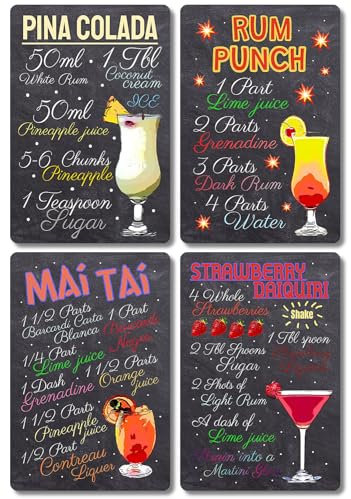 Cocktail Bar Signs - Set of 4 Rum Recipes for Drinks, Kitchen Plaques, Bar Décor, Pub, Club Bartender - Indoor/Outdoor - 20cm x 30cm