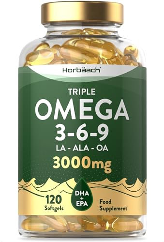 Triple Omega 3 6 9 Capsules 3000mg ALA, LA & OA | 120 Count | High Strength EPA & DHA Essential Fatty Acids | Supplement with Fish Oil, Flaxseed & Sunflower Oil | by Horbaach