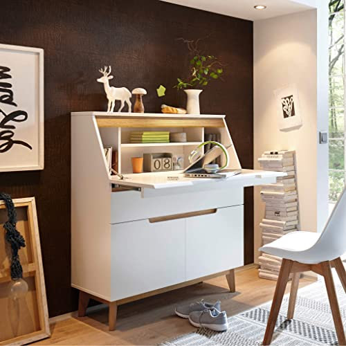 Terre de Nuit Bureau secrétaire en Bois Blanc laqué et chêne Clair - BU16001