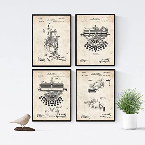 Nacnic Schreibmaschine Patent Poster 4er-Set. Vintage Stil Wanddekoration Abbildung von Schreibarbeit und Alte Erfindungen. Verschiedene technische Tippen Bilder ohne Rahmen. Größe A4.