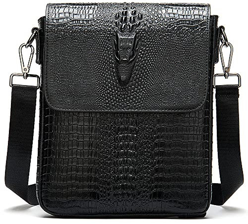 Nefli Herren Echtleder Messenger Bag Krokodil Geprägt Kleine Crossbody Bag Klassisch Klappe Umhängetasche Lässige Schultertasche für Business Arbeit Schule Schwarz