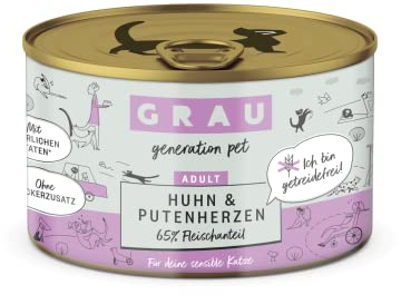 GRAU – das Original – Nassfutter für Katzen - Huhn & Putenherzen, 6er Pack (6X 200 g), getreidefrei, für Erwachsene Katzen