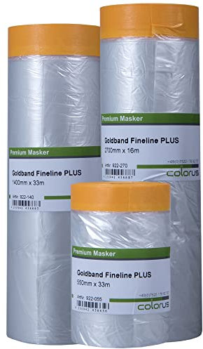 Colorus 3 x Goldband Abdeckfolien Set mit Klebeband 55cm, 140cm, 270cm (82m) Malerband Klebeband mit Abdeckfolie | Abklebeband mit Folie, Innen u. Außen | Folie zum Fenster abkleben