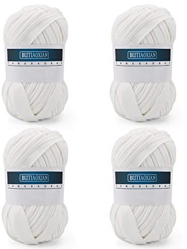 4 Pack 100g Grobes Baumwolle Garn zum Stricken und Häkeln T-Shirt Band Strickgarn Baumwolle Überwurfgarn Weiches Großes Garn Häkelgarn Set für Korb Taschen Decken Hüte Spielzeug Schals Weiß